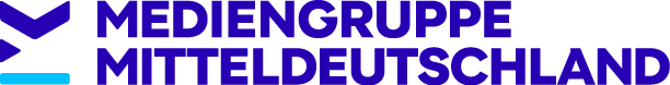 Logo of Mediengruppe Mitteldeutschland with a blue abstract mark on the left and bold blue wordmark on the right.