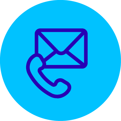 Contact icon showing a phone receiver and envelope on a blue circular background?"