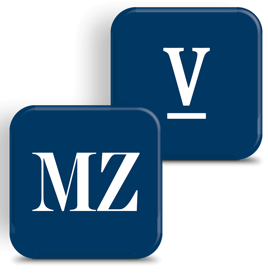 Two overlapping dark-blue rounded-square logos: one shows white letters 'MZ', the other white 'V' with a short underscore.