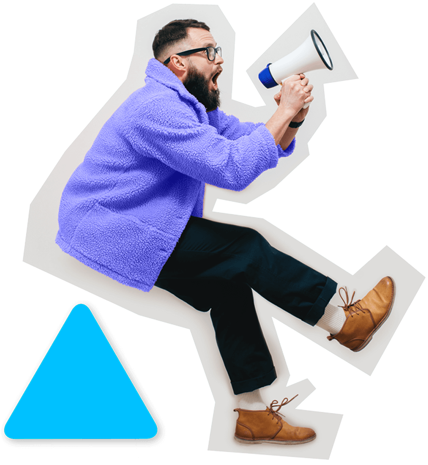 Bearded man in a purple fleece shouts into a megaphone against a collage-style background.
