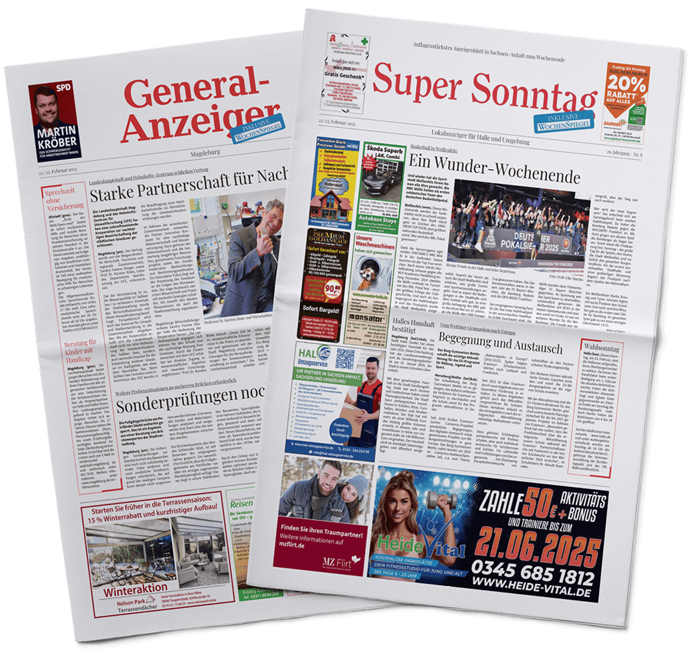 Two overlapping German newspapers with red mastheads and columned front pages filled with photos and colorful ads.