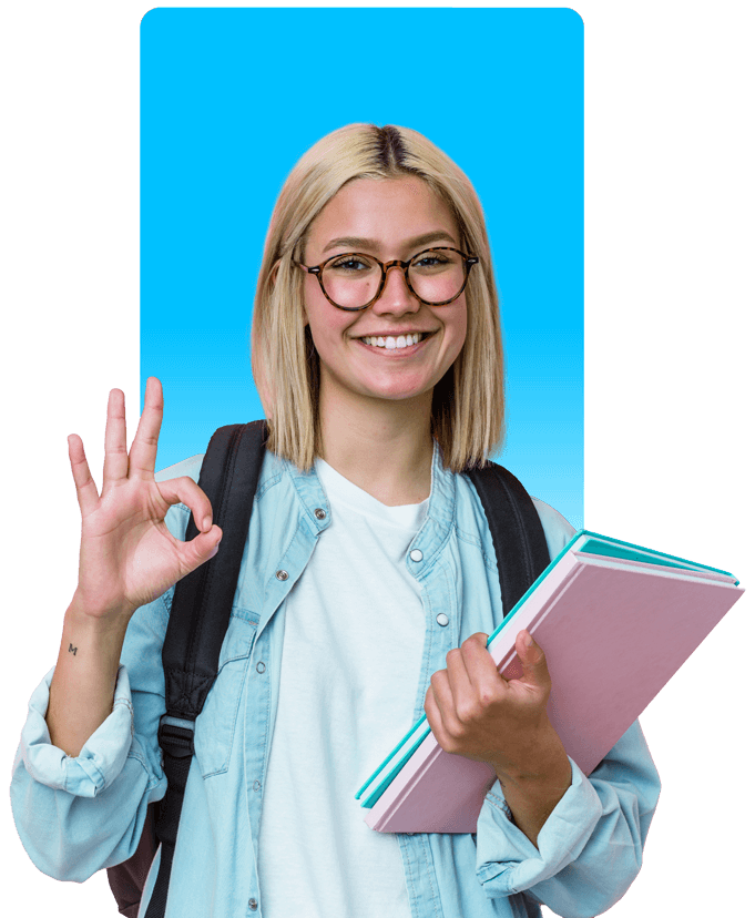 Smiling student with blonde hair and glasses, holding notebooks and making an OK gesture against a bright blue background with a backpack.