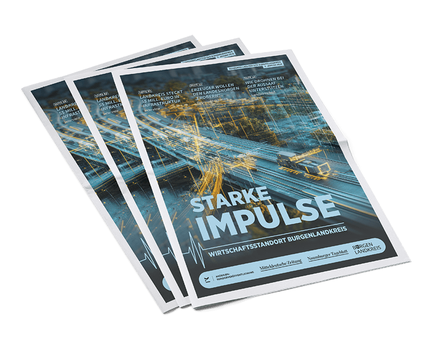 Cover of a German business magazine titled Starke Impulse with blue abstract cityscape imagery; three copies stacked together.