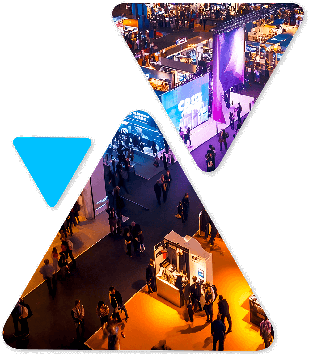 Abstract expo scene within a large X logo on a black background, with colorful booths and crowds of attendees.