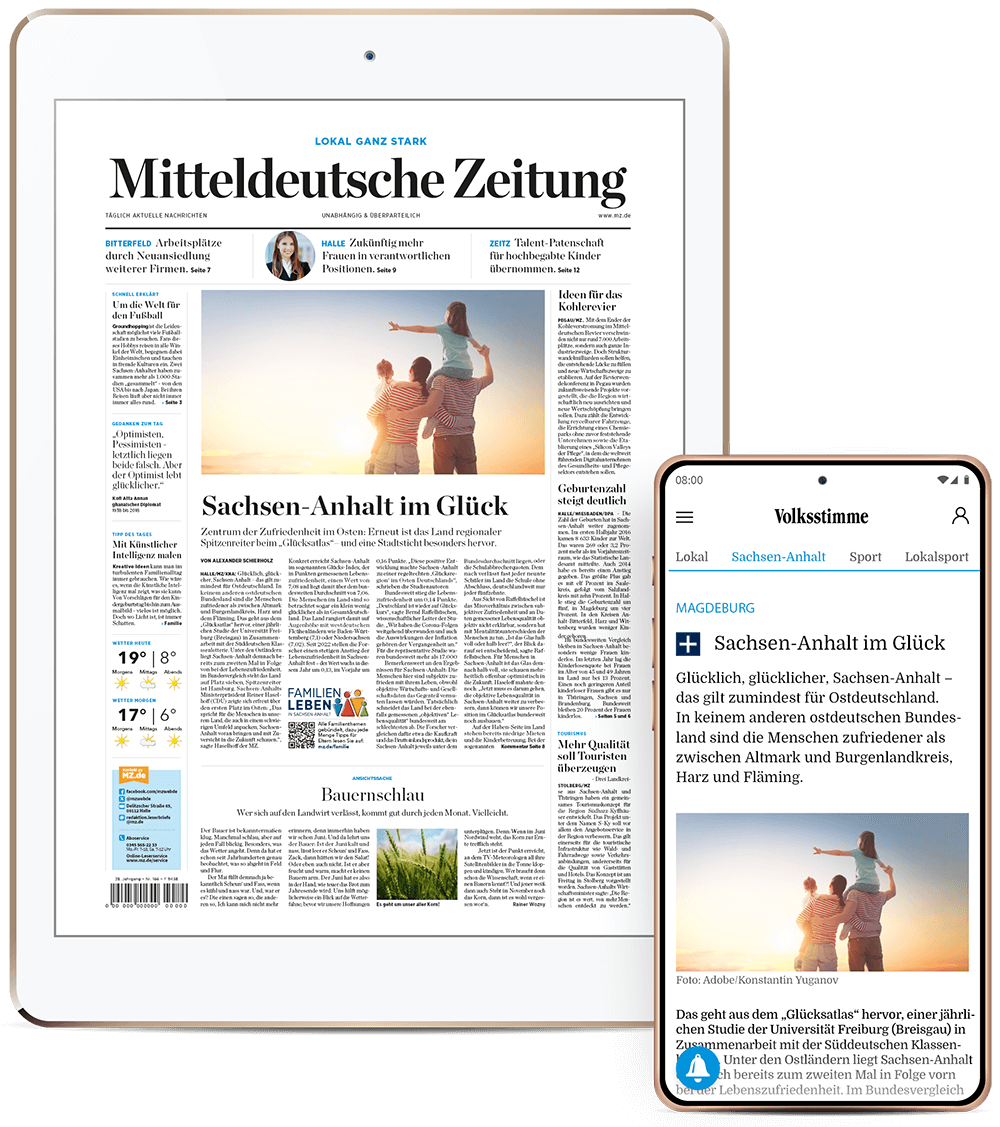 Tablet screen showing a newspaper front page with a large family photo at sunset in the main article title about Sachsen-Anhalt im Glück (digital news layout).