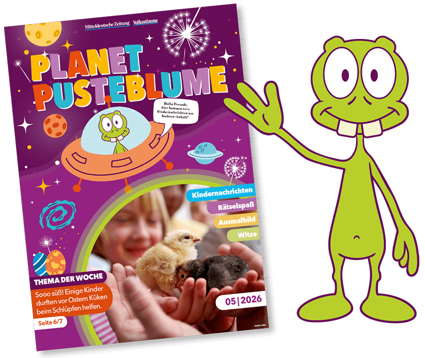 Colorful kids' magazine cover 'Planet Pusteblume' with a waving green cartoon frog, space illustrations, and a photo of chicks in hands.