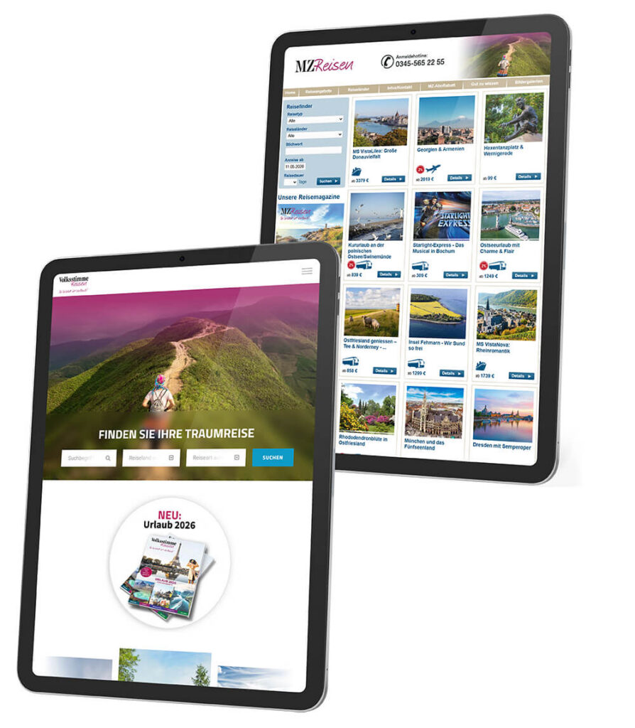 Two tablets angled on a white background display a travel website: the front device shows a hero image and search bar, the back device shows a grid of destination thumbnails.