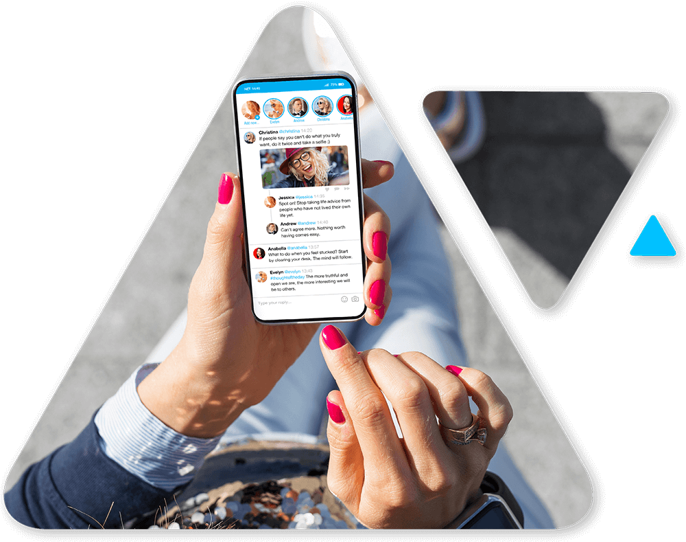 Hands with pink nail polish hold a smartphone showing a social messaging feed, against a black abstract background.