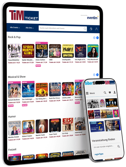 Tablet and smartphone display the TiM Ticket event site with category cards (Rock & Pop, Musical & Show, Humor, Freizeit).