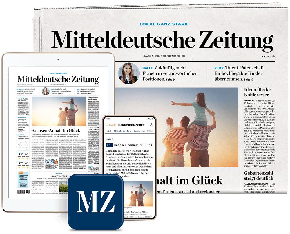 Collage of Mitteldeutsche Zeitung newspaper shown in print, on a tablet, and on a smartphone with the app icon.