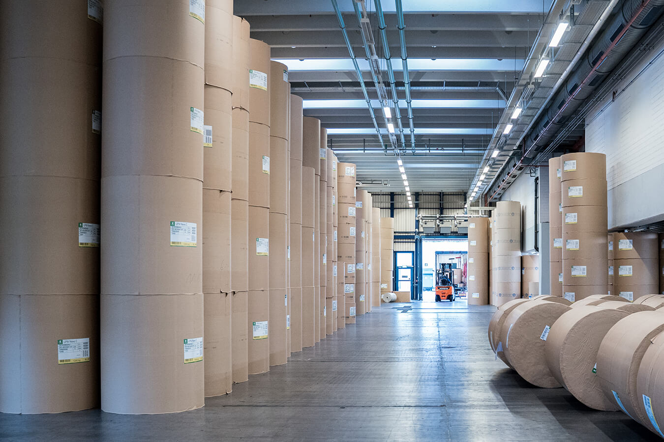 Warehouse aisle with tall stacks of paper rolls on both sides and a forklift in the distance.