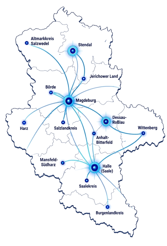 Stylized map of Saxony-Anhalt with Magdeburg as a central hub connected by blue lines to surrounding districts and towns.