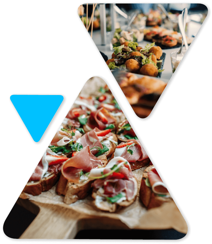 Decorative geometric collage of food photos on a black background; no informative content for screen readers (decorative only).