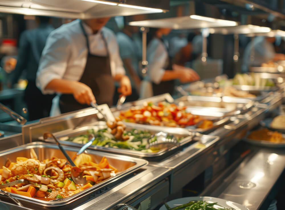 Buffet service line with chafing dishes of vegetables and hot dishes, chefs in white shirts and aprons serving food behind the counter under warm lighting.