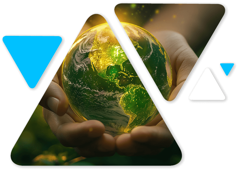 Hands gently cradle a glowing Earth, symbolizing environmental care and global responsibility, with blue and white geometric shapes surrounding.