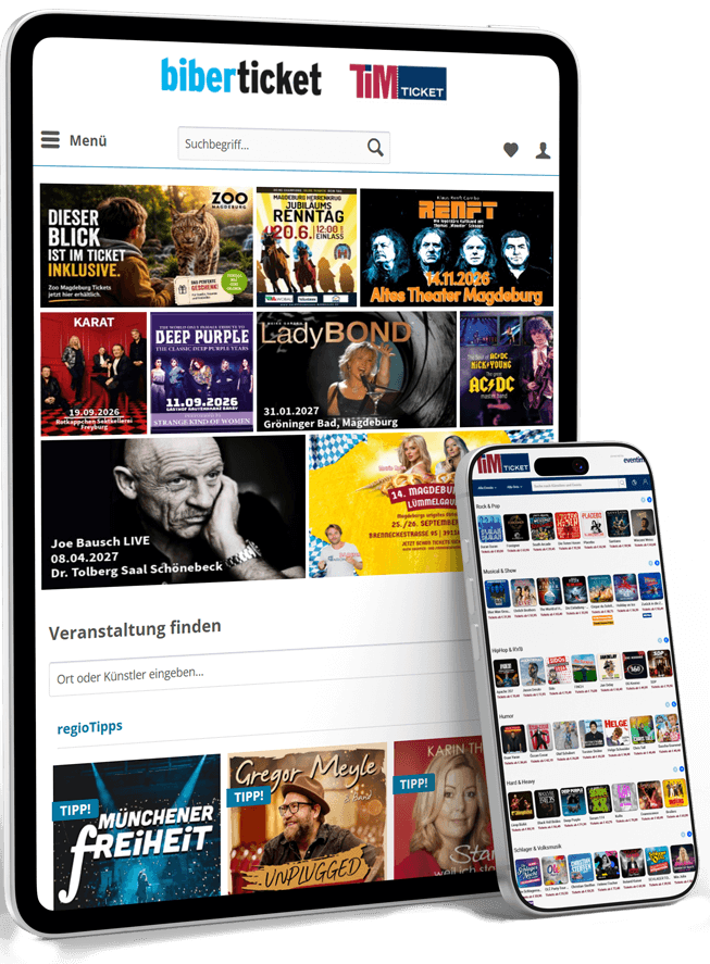 Tablet and phone screens show a ticketing site with colorful event posters, a search bar, and navigation menus (BiberTicket/TIM).
