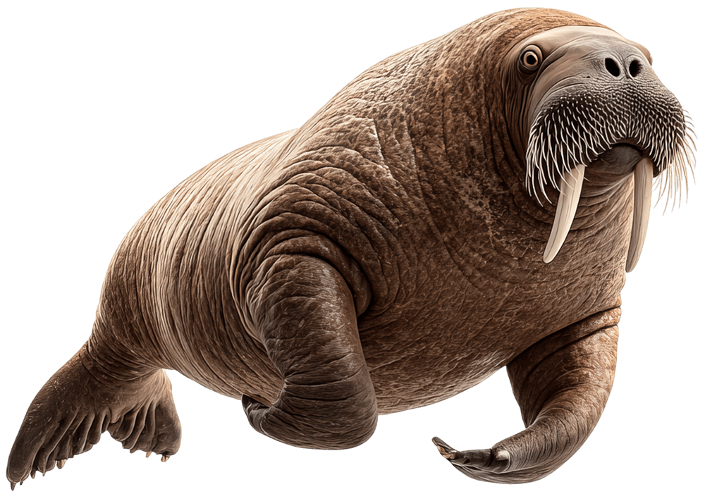 Walrus with long tusks and whiskers facing the camera against a black background, brown textured skin.