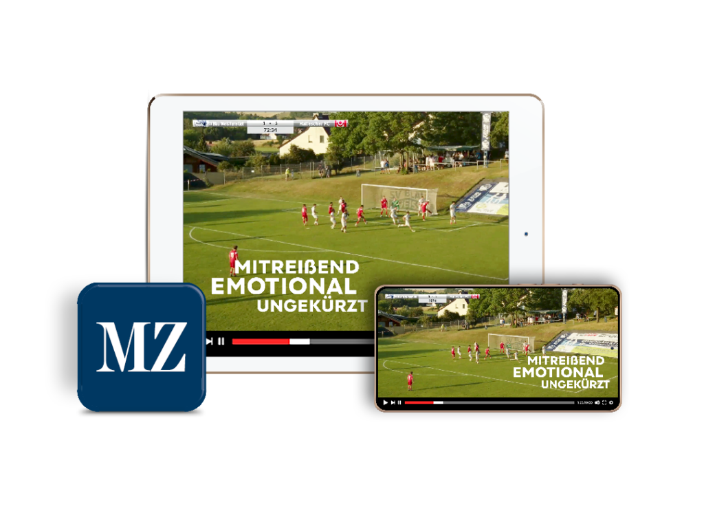 Video playing on tablet and laptop showing a soccer match with bold German caption MITREIBEND EMOTIONAL UNGEKÜRZT.