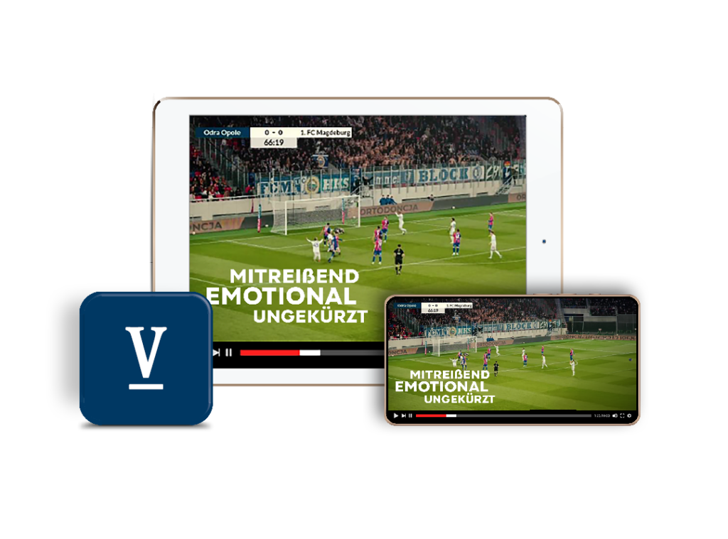 Cross-device streaming scene: tablet and smartphone play a soccer match with bold white overlay text; branding implied by a blue V device nearby.