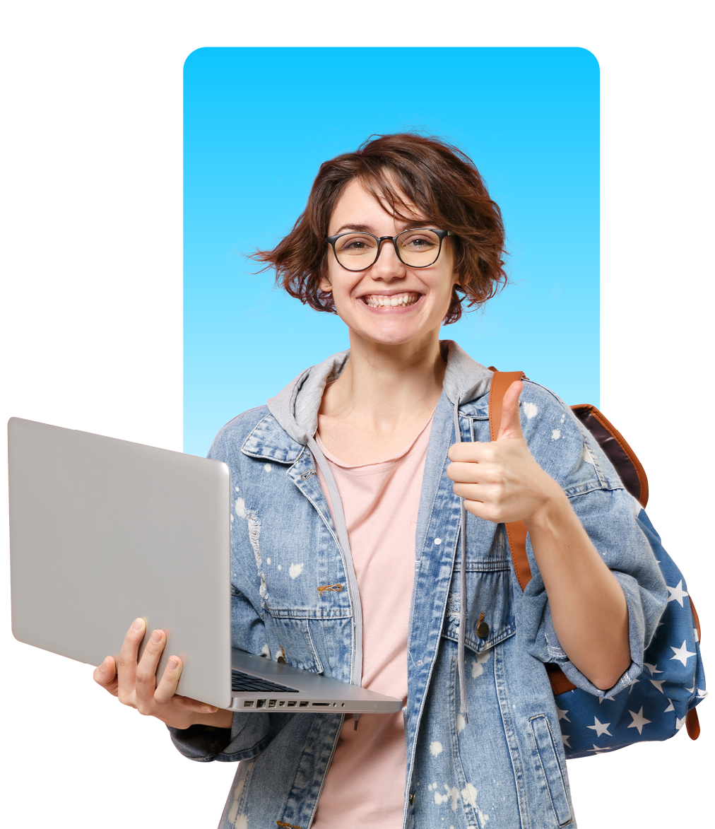 Smiling woman with glasses holding a laptop in one hand and giving a thumbs-up, with a star-pattern backpack against a bright blue background.